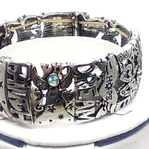Silver-tone Inspiration Stretch Bracelet Cutouts Crystals Wish Love Peace Bless - Picture 1 of 6
